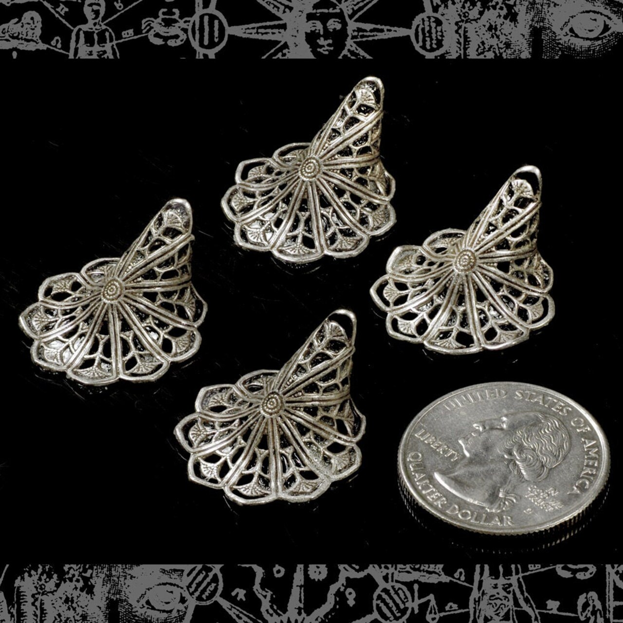 Antiqued Silver Plated Brass Deep Large Lily Filigree Wrap or Bead cap - Set of Two - S-BC33